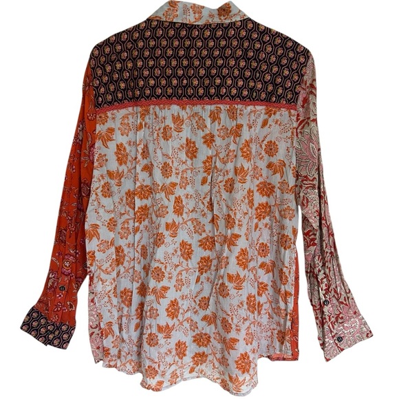 Sundance KalamarianOrange Floral Patchwork Blouse Cotton Size Large Boho - Picture 7 of 13